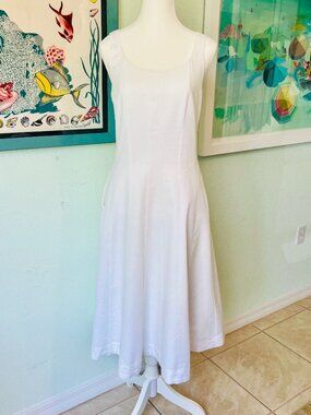 White Fit & Flare Dress – Size 2 – Linen Blend, Pockets, Midi, Graduation